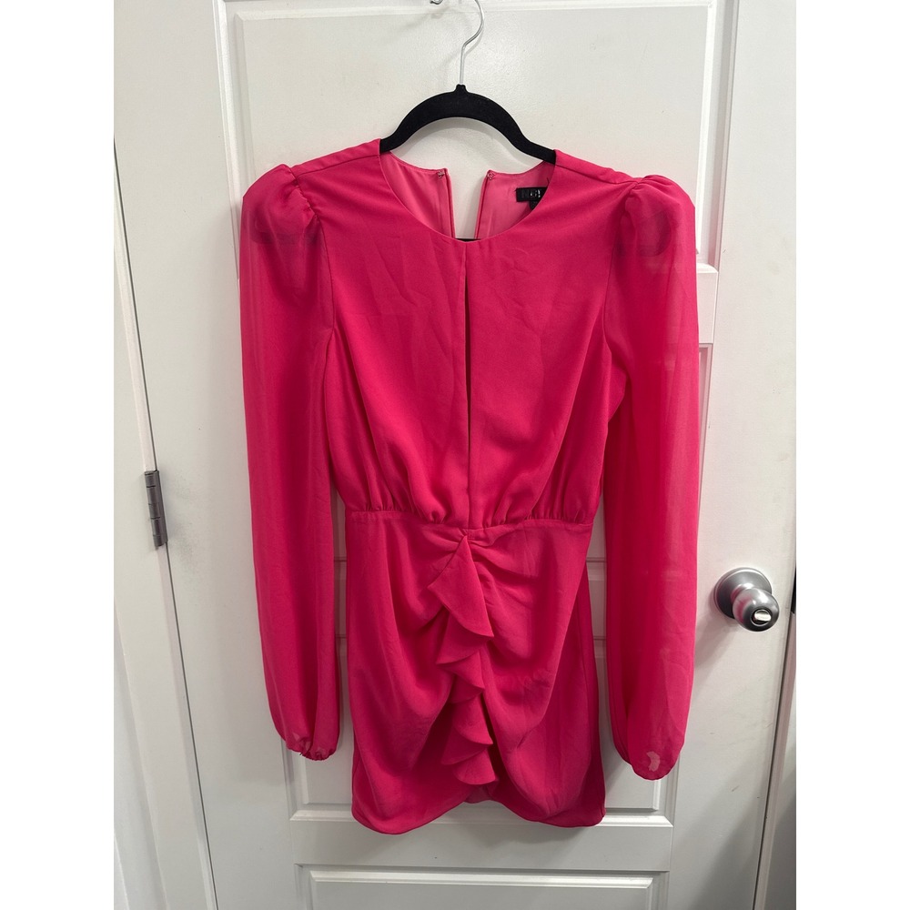 NBD Hot Pink Keyhole Ruched‎ Mini Dress Long Sheer Sleeve XS Cocktail Party